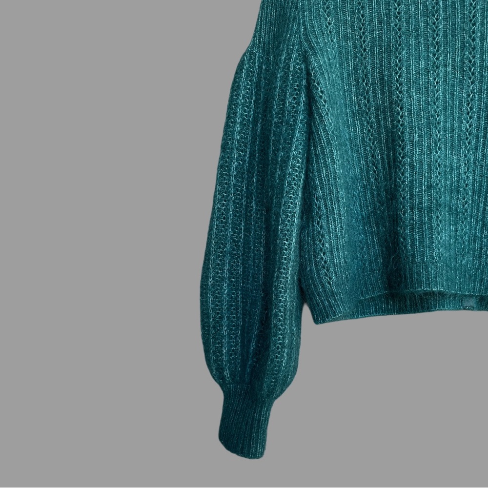 SEZANE Emerald Teal Green Mohair Wool Balloon Sleeve Alyssa Cardigan Sweater - Picture 11 of 13
